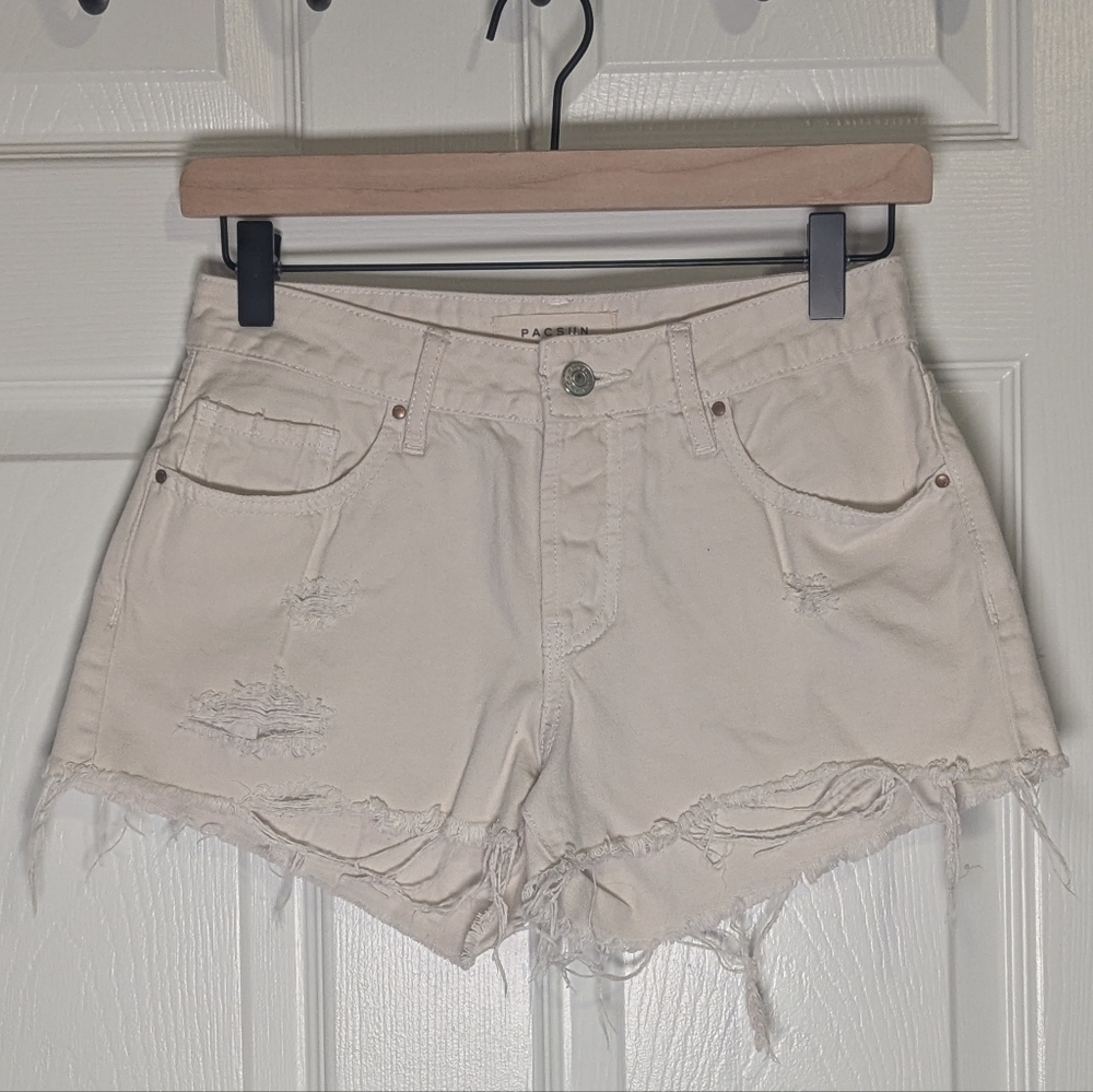 PacSun White Distressed Denim Shorts Size 24 Mid Rise Raw Hem Festival Summer